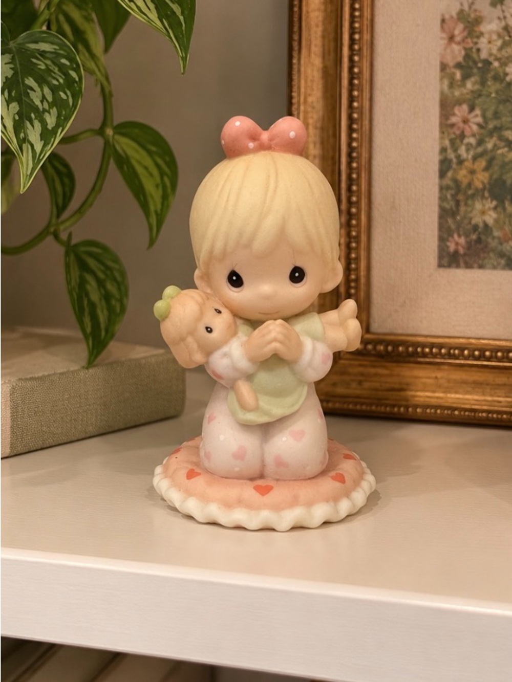 Precious Moments Blonde Girl Figurine with Pink Bow and Doll